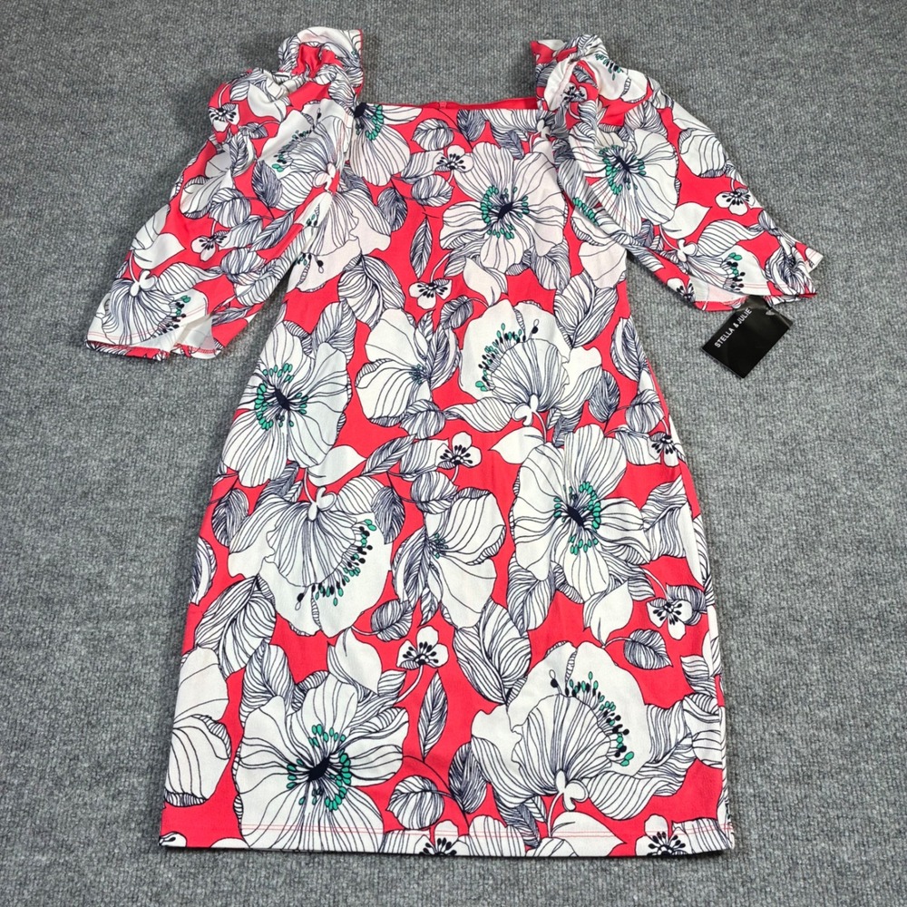 Stella & Julie Floral‎ Mini Dress Womens 6 Red White Puff Sleeve Sheath NWT